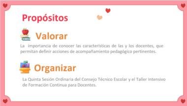 Un documento educativo bilingüe decorativo con las siguientes secciones: "Propósitos" seguido de "Valorar" que explica la importancia de comprender las características de los docentes para un apoyo pedagógico eficaz, y "Organizar" que detalla la Quinta Sesión Ordinaria del CTE – Educación Básica. Febrero 2024 y el Taller Intensivo de Formación Docente. Iconos de corazones adornan las esquinas.