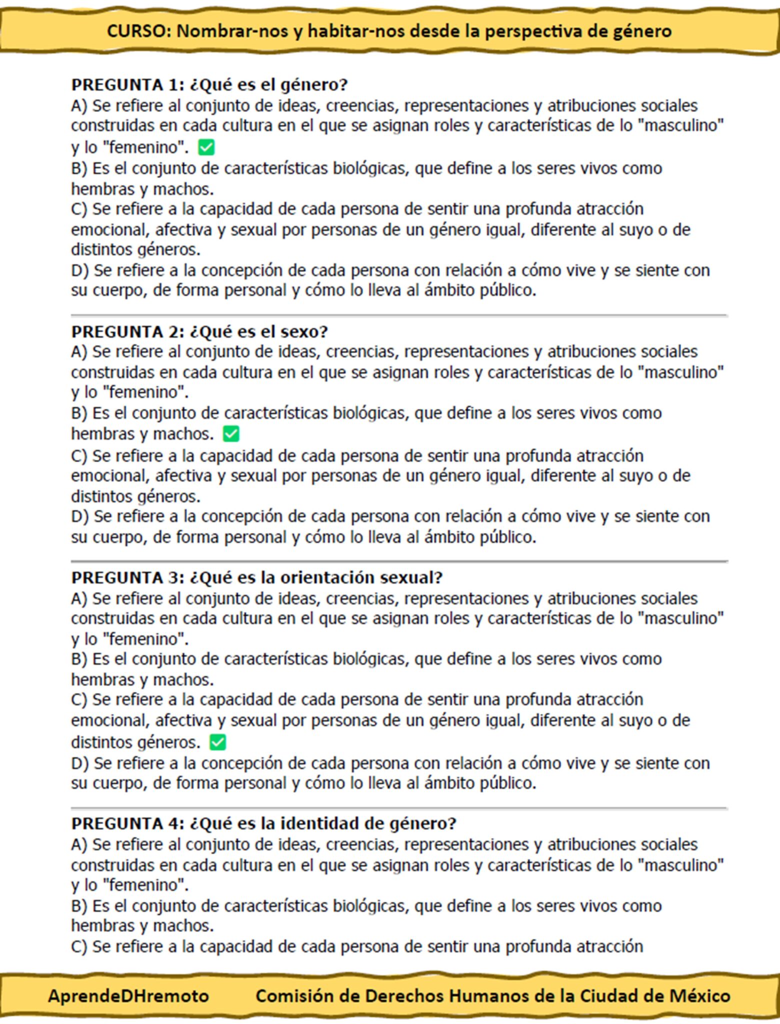 Curso Contestado Nombrar-nos y habitar-nos desde la perspectiva de género 4 Una hoja de trabajo resaltada en amarillo titulada "CURSO: Nombrar-nos y habitar-nos desde la perspectiva de género" contiene preguntas sobre género, sexo y sexualidad, con respuestas de opción múltiple y explicaciones en español.