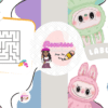 Portada de libro de actividades para niños con personajes disfrazados de monstruos de color rosa, verde y azul. Incluye un laberinto con una mascota conejita y el texto divertido 