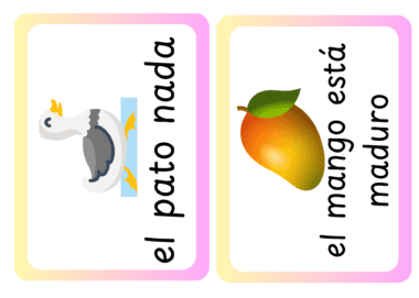 Dos flashcards: una con un pato de dibujos animados nadando y el texto "el pato nada", la otra con una imagen de un mango maduro y el texto "el mango está maduro".