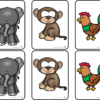 Planeación JUGANDO APRENDEMOS LAS REGLAS modalidad ABJ aprendizaje basado en el juego (Preescolar) 18 Seis tarjetas en dos filas y tres columnas con animales de dibujos animados: un elefante, un mono y un gallo, cada uno de los cuales aparece dos veces con colores brillantes y contornos sencillos y atrevidos.