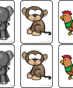 Seis tarjetas en dos filas y tres columnas con animales de dibujos animados: un elefante, un mono y un gallo, cada uno de los cuales aparece dos veces con colores brillantes y contornos sencillos y atrevidos.