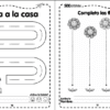 500 actividades para niños y niñas 7 Dos hojas de ejercicios en blanco y negro para niños: una tiene un camino sinuoso desde un coche hasta una casa, la otra pide emparejar flores sonrientes con brotes debajo con líneas de puntos. Ambas tienen espacios para un nombre y los números de página 14 y 15.