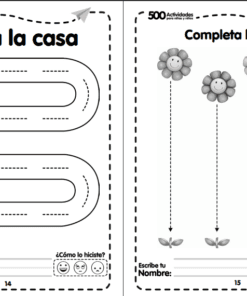 Dos hojas de ejercicios en blanco y negro para niños: una tiene un camino sinuoso desde un coche hasta una casa, la otra pide emparejar flores sonrientes con brotes debajo con líneas de puntos. Ambas tienen espacios para un nombre y los números de página 14 y 15.