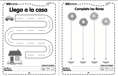 Dos hojas de ejercicios en blanco y negro para niños: una tiene un camino sinuoso desde un coche hasta una casa, la otra pide emparejar flores sonrientes con brotes debajo con líneas de puntos. Ambas tienen espacios para un nombre y los números de página 14 y 15.