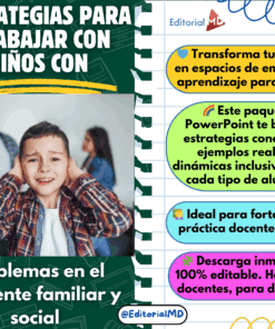 Niño con gesto pensativo rodeado de textos sobre estrategias para trabajar con niños con problemas familiares y sociales; incluye beneficios del paquete PowerPoint para docentes, como empatía, inclusión y material editable.