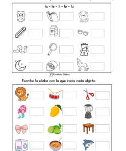 Hoja de ejercicios con dos secciones: La parte superior tiene imágenes en blanco y negro (búho, lápiz, leche, luna, lobo) con casillas para escribir las sílabas correspondientes 