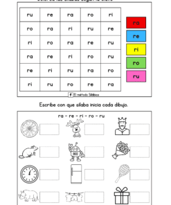 Hoja de ejercicios en español con una cuadrícula para colorear por sílabas (ro, ra, re, ri, ru) e imágenes debajo para etiquetar con sus sílabas iniciales; incluye un ratón, un robot, una reina, un ramo, un reloj, un rinoceronte, un cohete, una raqueta y un regalo.