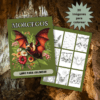 Un libro para colorear titulado "Morcegos" con una ilustración de un murciélago rodeado de flores en la portada. Una página abierta muestra bocetos de murciélagos. El fondo muestra el interior de una cueva. El texto dice "30 imágenes para colorear".