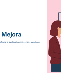 Una mujer con una carpeta en la mano señala un tablero estratégico con gráficos y flechas. El texto de la izquierda dice 