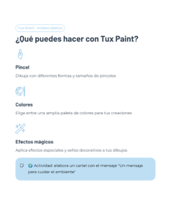 Página de Tux Paint que muestra herramientas: pincel para dibujar, selección de colores y efectos mágicos. Abajo, una actividad propone crear un cartel con el mensaje 