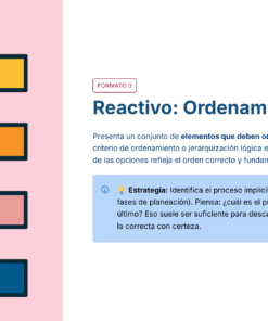 Guía de Estudio HORAS ADICIONALES MATEMÁTICAS Educación Secundaria- USICAMM 2026 - 2027 + (Simulador 90 Reactivos) 38 A la izquierda, sobre fondo rosa, cuatro círculos numerados (del 1 al 4) junto a una caja rectangular amarillo-naranja. A la derecha, instrucciones en español sobre la selección del orden lógico en texto azul y negro.