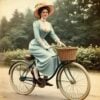 Paquete de imágenes de clipart de mujeres victorianas 11 Una mujer con un elegante vestido azul vintage y un sombrero de ala ancha pasea en bicicleta con una cesta de mimbre. Está en un camino bordeado de árboles y vegetación, lo que transmite una sensación de gracia y nostalgia.