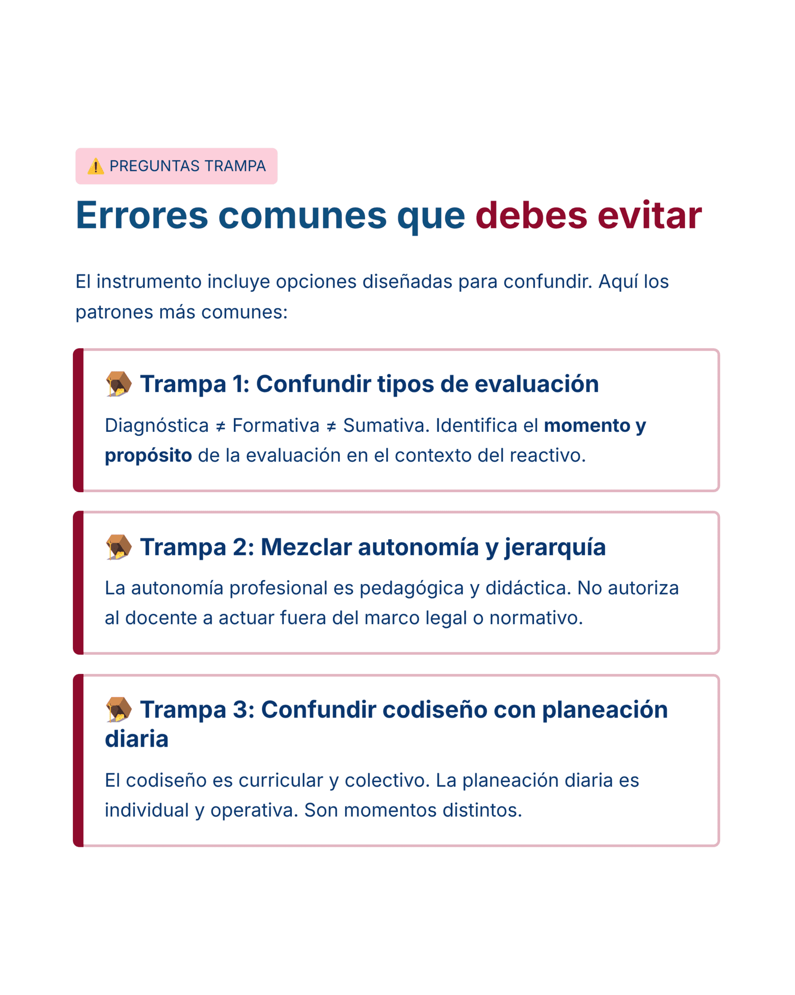 Guía de Estudio HORAS ADICIONALES HISTORIA Educación Secundaria- USICAMM 2026 - 2027 + (Simulador 90 Reactivos) 2 Una infografía titulada "Errores comunes que debes evitar" enumera tres errores comunes en la evaluación: confundir los tipos de evaluación, mezclar autonomía y jerarquía, y confundir el codiseño con la planificación diaria.