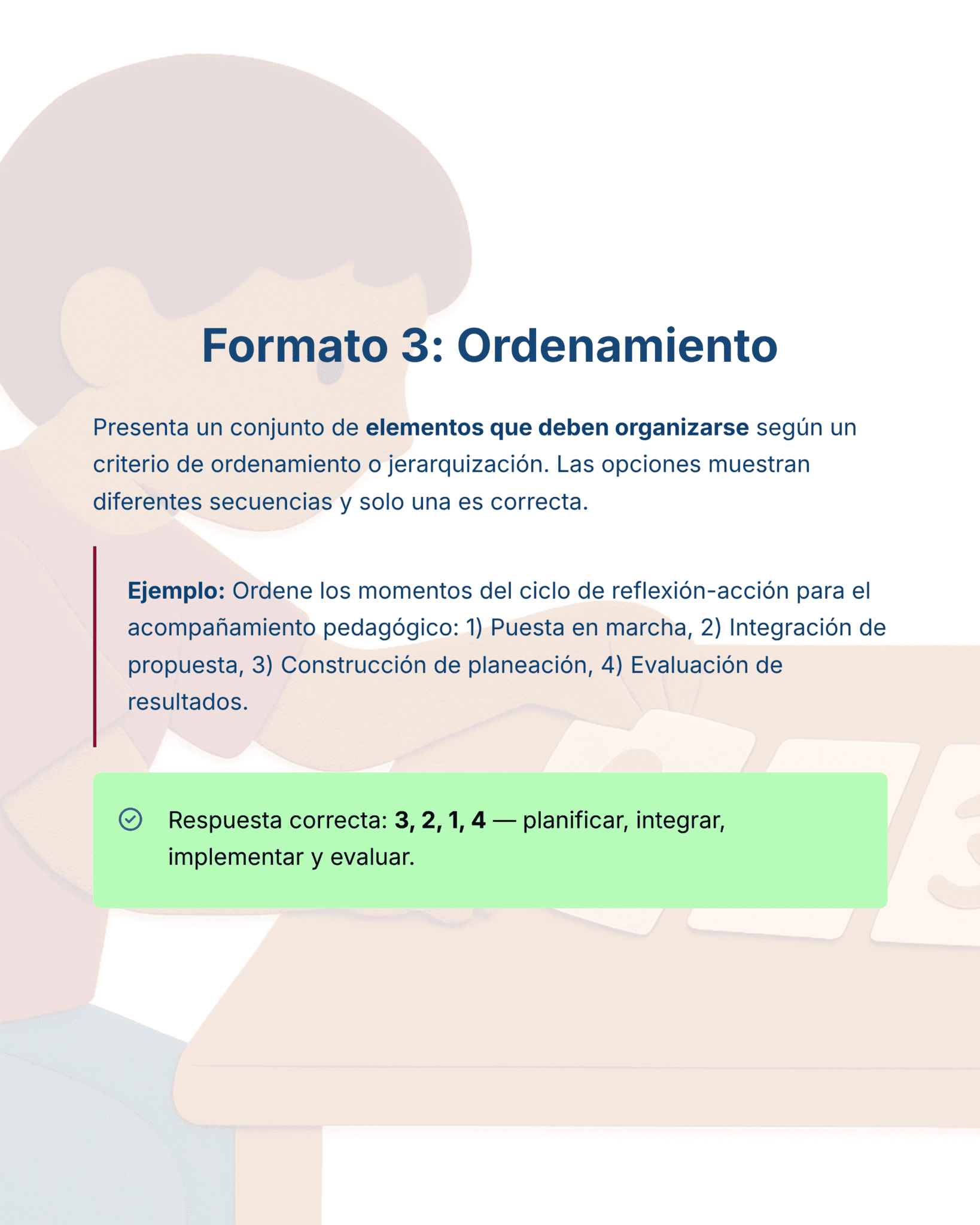 Guía de Estudio HORAS ADICIONALES EDUCACIÓN FÍSICA Primaria y Secundaria- USICAMM 2026 - 2027 + (Simulador 90 Reactivos) 15 Un gráfico instructivo titulado "Formato 3: Ordenamiento" explica cómo ordenar elementos en una secuencia, da un ejemplo y destaca la respuesta correcta en un recuadro verde: "3, 2, 1, 4 - planificar, integrar, implementar y evaluar.