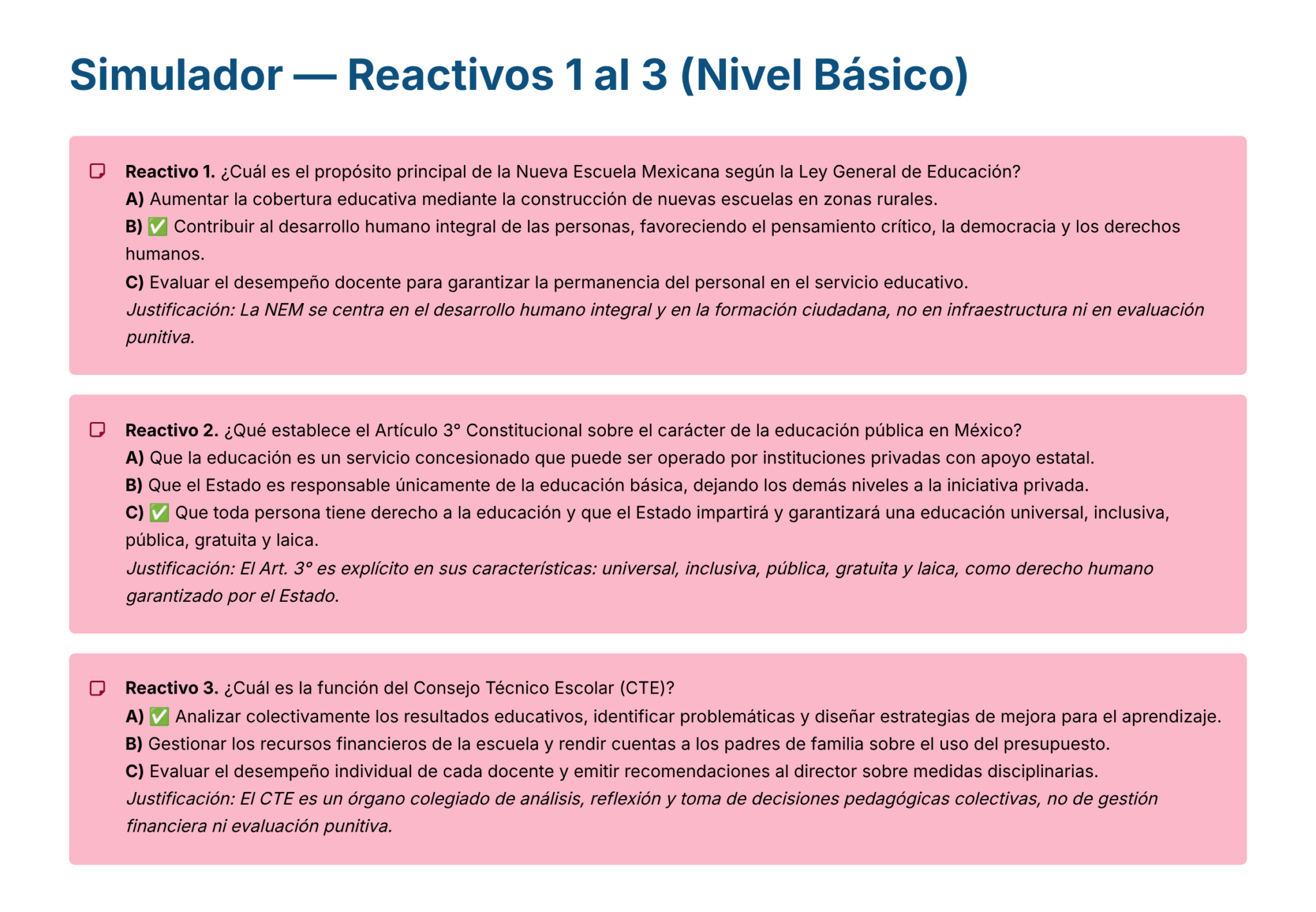 Guía de Estudio PROMOCIÓN HORIZONTAL SUPERVISIÓN – USICAMM 2026 – 2027 + (Simulador 90 Reactivos) 2 Captura de pantalla de un simulador de nivel básico con tres preguntas de opción múltiple sobre la educación mexicana. Cada pregunta tiene tres posibles respuestas, una marcada como correcta, y una justificación explicativa en un recuadro resaltado en rosa.
