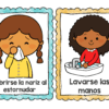 Llegó el frío...¿Y ahora qué hacemos? 22 Dos carteles ilustrados: uno muestra a una niña cubriéndose la nariz con un pañuelo al estornudar, con la leyenda