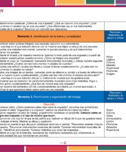 Planeación La Orquesta para Preescolar es una tabla de planeación de lecciones para la educación musical, con actividades para martes y miércoles, objetivos, preguntas, orientación, sugerencias de libros e instrumentos y secciones codificadas por colores.