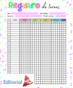 Colorida tabla de registro de deberes en español con filas para 25 alumnos y columnas para marcar las tareas de cuatro semanas. Espacios para mes, días lectivos, profesor, curso y grupo en la parte superior. Logotipo de Editorial MD en la parte inferior izquierda.