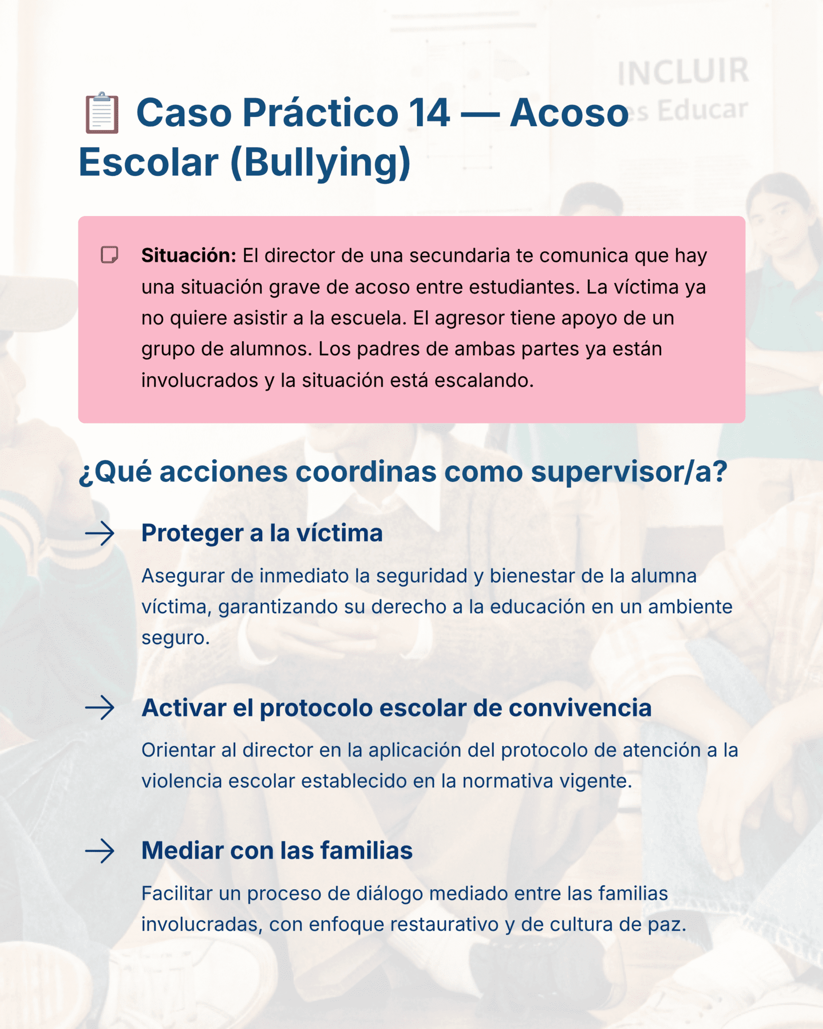 Guía de Apoyo Promoción Vertical Función SUPERVISORES - USICAMM 2026 - 2027 + (Simulador 90 Reactivos) 9 Una infografía titulada "Caso Práctico 14 - Acoso Escolar" da los pasos a seguir por los supervisores: proteger a la víctima, activar el protocolo escolar y mediar con las familias. El fondo muestra personas difuminadas.