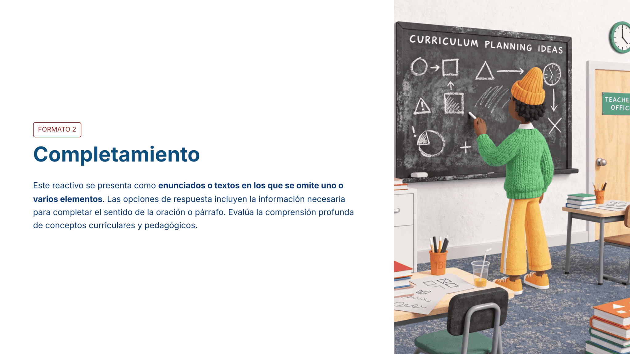 Guía de Apoyo Promoción Vertical Función Directiva en Educación Preescolar - USICAMM 2026 - 2027 + (Simulador 90 Reactivos) 10 Una estudiante con jersey naranja y gorro escribe formas geométricas en una pizarra con el rótulo "Ideas para planificar el currículo" en un aula. A la izquierda, un texto explica un ejercicio de "Completar" conceptos curriculares y pedagógicos.