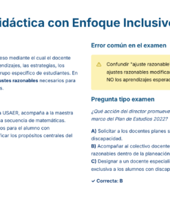 Captura de pantalla de una página web educativa sobre planificación didáctica inclusiva. Explica el concepto, pone un ejemplo, destaca un error habitual en los exámenes e incluye un ejemplo de pregunta de examen con la respuesta correcta marcada.