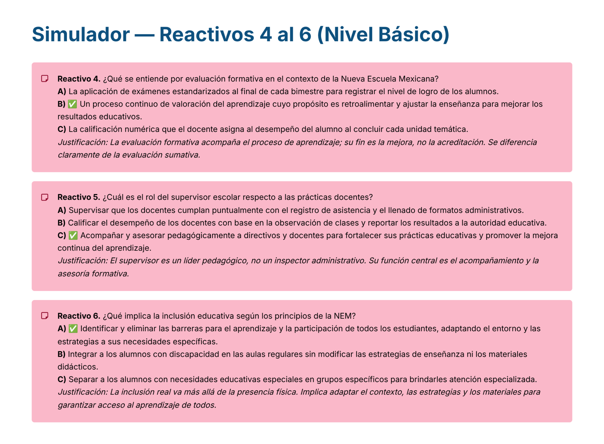 Guía de Estudio PROMOCIÓN HORIZONTAL SUPERVISIÓN – USICAMM 2026 – 2027 + (Simulador 90 Reactivos) 21 Imagen de una tabla titulada "Simulador - Reactivos 4 al 6 (Nivel Básico)" en la que aparecen tres preguntas con opciones de respuesta sobre la reforma educativa mexicana, la evaluación docente, la supervisión escolar y la inclusión educativa.