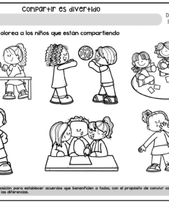 Seis escenas de dibujos animados en blanco y negro de niños; algunos comparten y juegan alegremente, mientras que otros se pelean o se enfadan. La instrucción pide colorear a los niños que están compartiendo. El texto habla de la importancia de compartir.