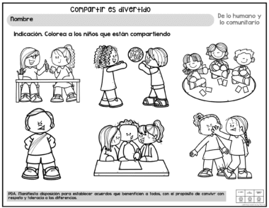 Seis escenas de dibujos animados en blanco y negro de niños; algunos comparten y juegan alegremente, mientras que otros se pelean o se enfadan. La instrucción pide colorear a los niños que están compartiendo. El texto habla de la importancia de compartir.