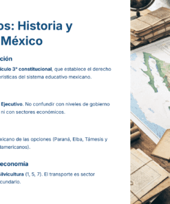 Escritorio con mapas de México, un cuaderno abierto, libros, una lupa, una taza de café y una lámpara. A la izquierda, una diapositiva de presentación titulada 