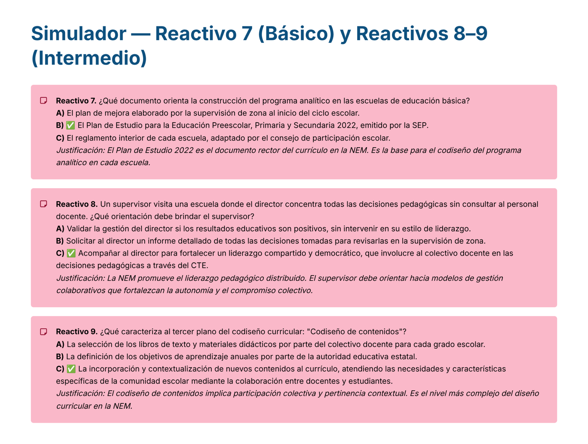 Guía de Estudio PROMOCIÓN HORIZONTAL SUPERVISIÓN – USICAMM 2026 – 2027 + (Simulador 90 Reactivos) 20 Cuadro con preguntas y respuestas sobre el currículo escolar en México, centrado en los niveles básico e intermedio. Los recuadros rosas destacan las preguntas, y los blancos contienen respuestas de opción múltiple con explicaciones.