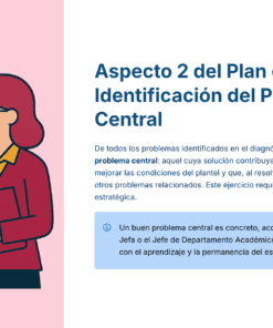 Una mujer con gafas señala una tabla con gráficos en una pizarra. A su lado, un texto en español habla de la identificación del problema central como parte de un plan de mejora en un contexto académico.