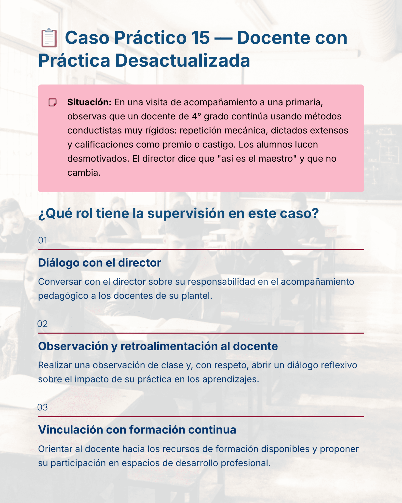 Guía de Apoyo Promoción Vertical Función SUPERVISORES - USICAMM 2026 - 2027 + (Simulador 90 Reactivos) 3 Una infografía titulada "Caso Práctico 15 - Docente con Práctica Desactualizada" detalla los pasos para supervisar a un profesor con métodos desactualizados, incluyendo la discusión, la observación y la conexión con recursos de formación.