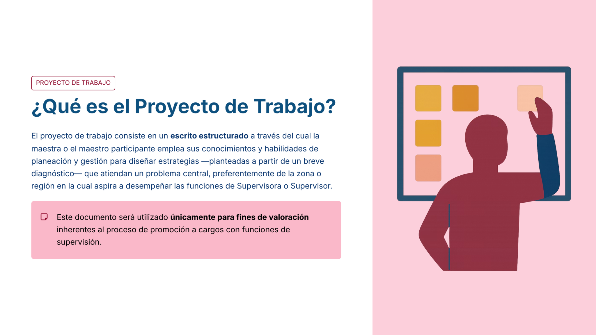 Paquete Promoción a SUPERVISOR ESCOLAR – Educación Media Superior (Carta de Exposición de Motivos + Plan de Mejora Continua + Guía EMS) EMS BACHILLERATO 2026–2027 20 Una persona señala una pizarra con notas adhesivas. El texto explica el "Proyecto de Trabajo", detallando su formato de escritura estructurada para los profesores que desean desempeñar funciones de supervisión. Un recuadro rojo destaca el propósito de evaluación del documento.