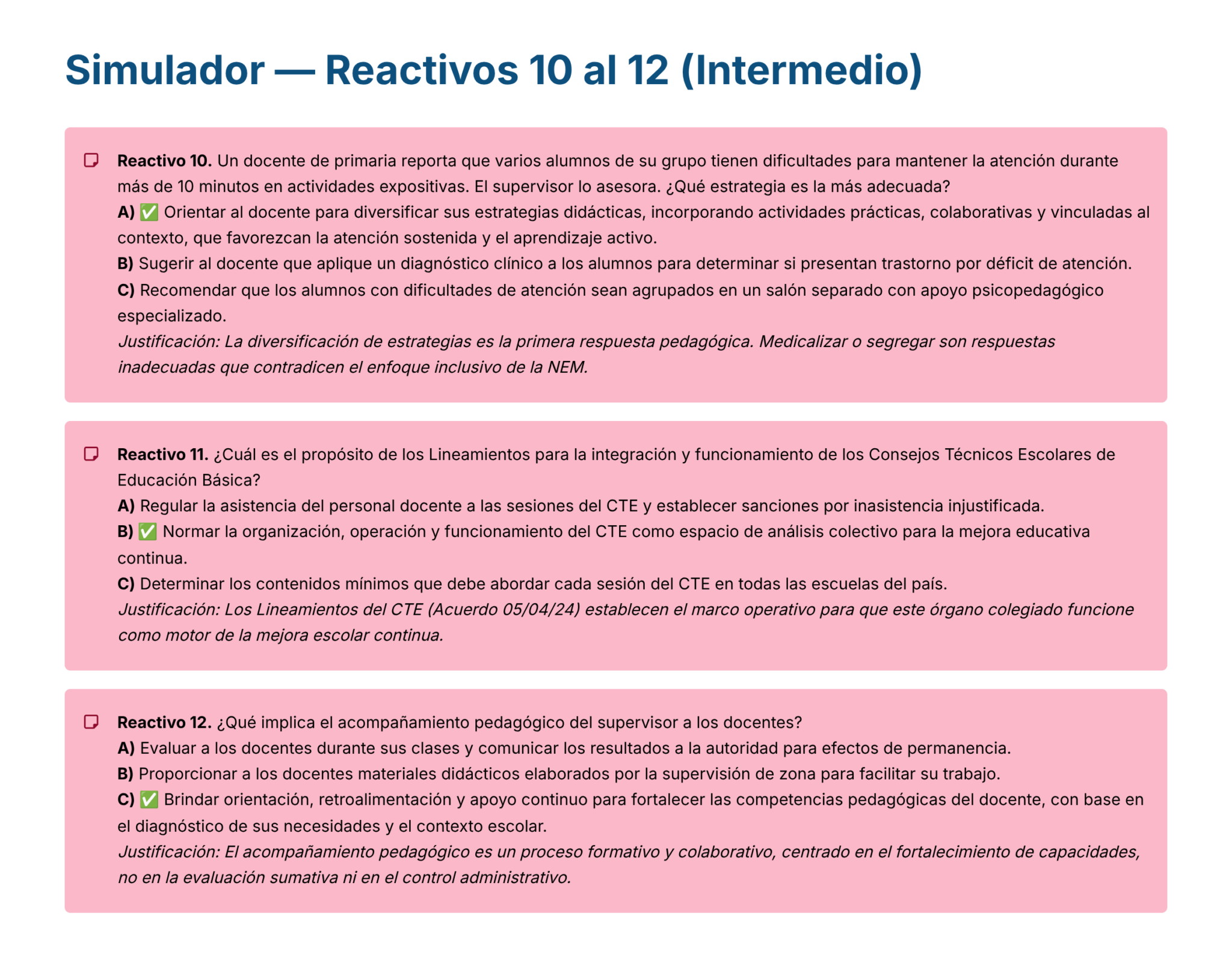 Guía de Estudio PROMOCIÓN HORIZONTAL SUPERVISIÓN – USICAMM 2026 – 2027 + (Simulador 90 Reactivos) 17 Una infografía en español titulada "Simulador - Reactivos 10 al 12 (Intermedio)" presenta tres preguntas con recuadro (Reactivos 10-12) para los profesores, cada una con respuestas de opción múltiple y opciones correctas resaltadas.