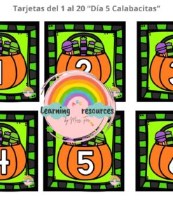 Seis tarjetas con calabazas naranjas llenas de caramelos sobre fondo verde. Cada calabaza tiene un gran número blanco del 1 al 6. El texto de la parte superior dice 