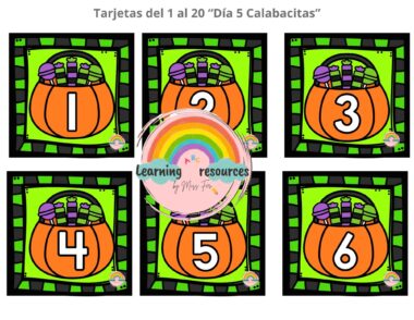Seis tarjetas con calabazas naranjas llenas de caramelos sobre fondo verde. Cada calabaza tiene un gran número blanco del 1 al 6. El texto de la parte superior dice "Tarjetas del 1 al 20 'Día 5 Calabacitas'".