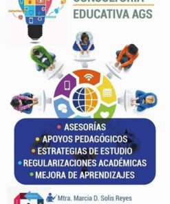 Colorido anuncio de consultoría educativa en el que aparecen cinco personas alrededor de una mesa con forma de bombilla, iconos de educación y texto que ofrece tutoría, apoyo pedagógico, estrategias de estudio, regularización académica y mejora del aprendizaje. Información de contacto más abajo.