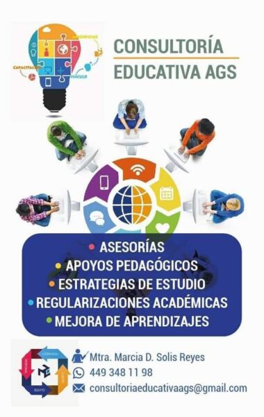 Colorido anuncio de consultoría educativa en el que aparecen cinco personas alrededor de una mesa con forma de bombilla, iconos de educación y texto que ofrece tutoría, apoyo pedagógico, estrategias de estudio, regularización académica y mejora del aprendizaje. Información de contacto más abajo.