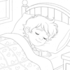 Dibujo para colorear de un niño que duerme plácidamente en una cama con una manta estampada de corazones.