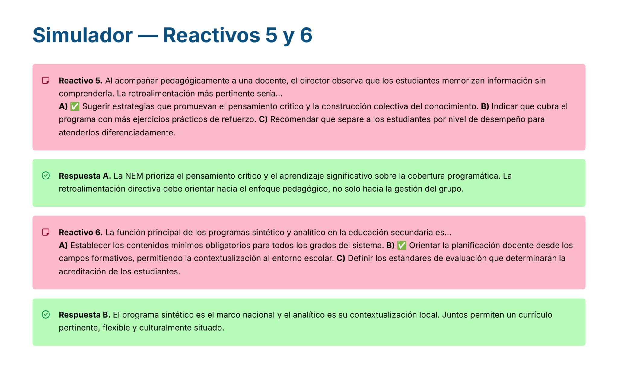 Guía de Estudio PROMOCIÓN HORIZONTAL Educación SECUNDARIA – USICAMM 2026 – 2027 + (Simulador 90 Reactivos) 20 Captura de pantalla de la clave de respuestas de un cuestionario o examen con las secciones resaltadas. Hay dos preguntas tituladas "Reactivos 5 y 6" con explicaciones detalladas para cada una, junto con las respuestas correctas marcadas y las explicaciones resaltadas en verde.