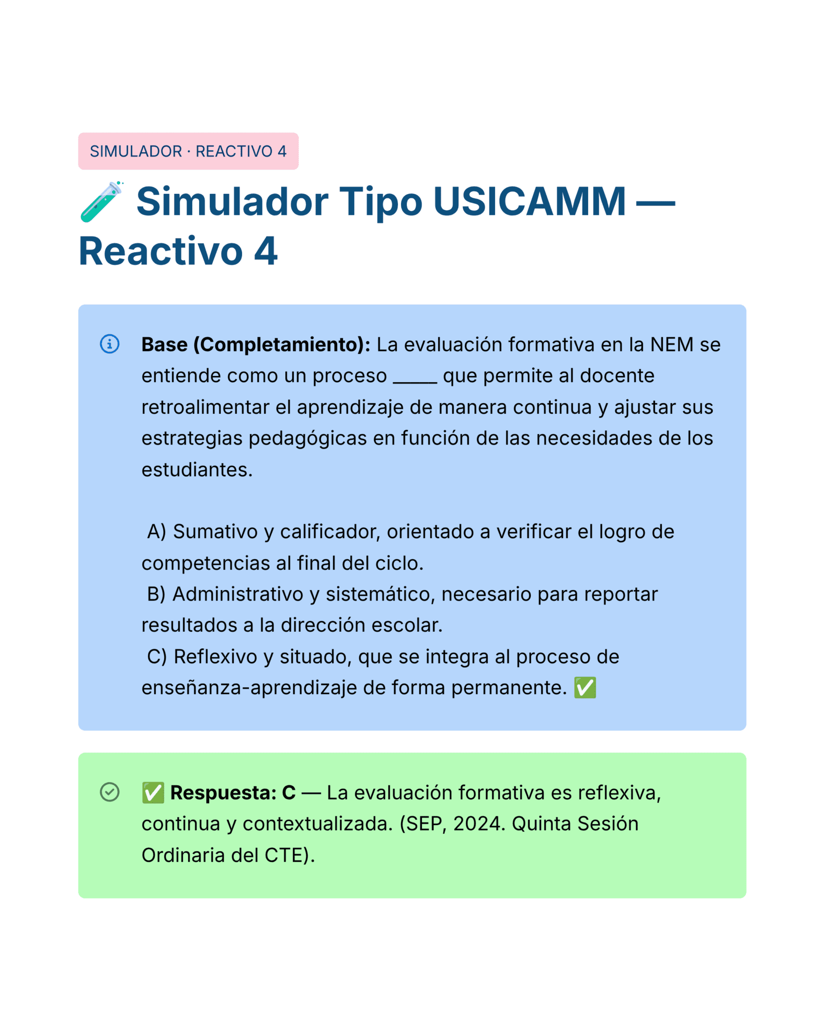 Guía de Estudio HORAS ADICIONALES GEOGRAFÍA Educación Secundaria- USICAMM 2026 - 2027 + (Simulador 90 Reactivos) 17 Un documento digital muestra "Simulador Tipo USICAMM - Reactivo 4" con un texto que describe la evaluación formativa en educación. La respuesta correcta "C" aparece resaltada en verde. El diseño utiliza bloques de color azul y verde para dar énfasis.