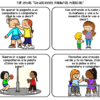 Planeación JUGANDO APRENDEMOS LAS REGLAS modalidad ABJ aprendizaje basado en el juego (Preescolar) 14 Cuatro escenarios ilustrados: un niño que se disculpa por pegar a otro, un niño que saluda a un profesor, un niño que pide unirse a un grupo que juega a la pelota y un niño que pide un lápiz de color a un compañero. El texto fomenta la interacción social.