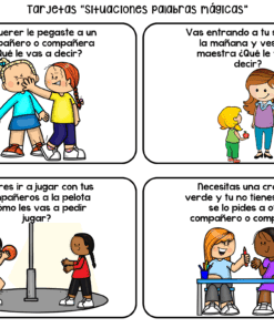 Cuatro escenarios ilustrados: un niño que se disculpa por pegar a otro, un niño que saluda a un profesor, un niño que pide unirse a un grupo que juega a la pelota y un niño que pide un lápiz de color a un compañero. El texto fomenta la interacción social.