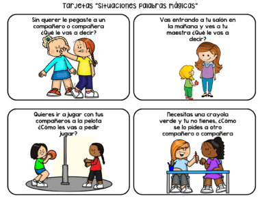 Cuatro escenarios ilustrados: un niño que se disculpa por pegar a otro, un niño que saluda a un profesor, un niño que pide unirse a un grupo que juega a la pelota y un niño que pide un lápiz de color a un compañero. El texto fomenta la interacción social.