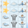 Ficha de juego de memoria para recortar con ilustraciones: una estrella, una nube, un niño haciendo la cama, una cama y una canasta de baloncesto.