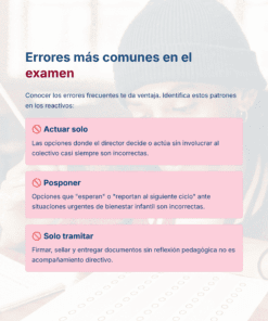 Un documento enumera los errores más comunes en los exámenes con tres casillas rosas: 