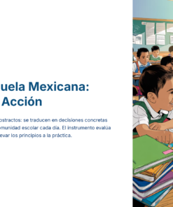 Escena de clase con jóvenes estudiantes de uniforme sentados en sus pupitres, sonriendo y trabajando juntos. Detrás de ellos, grandes ventanales dejan entrar la luz del sol. A la izquierda, un texto en español explica los principios de la Nueva Escuela Mexicana.