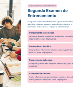 Cuatro alumnos sentados en una mesa estudian con libros y cuadernos. A la derecha, un cuadro de texto explica las áreas evaluadas en un examen de formación: pensamiento matemático, pensamiento analítico, estructura del lenguaje y comprensión lectora.