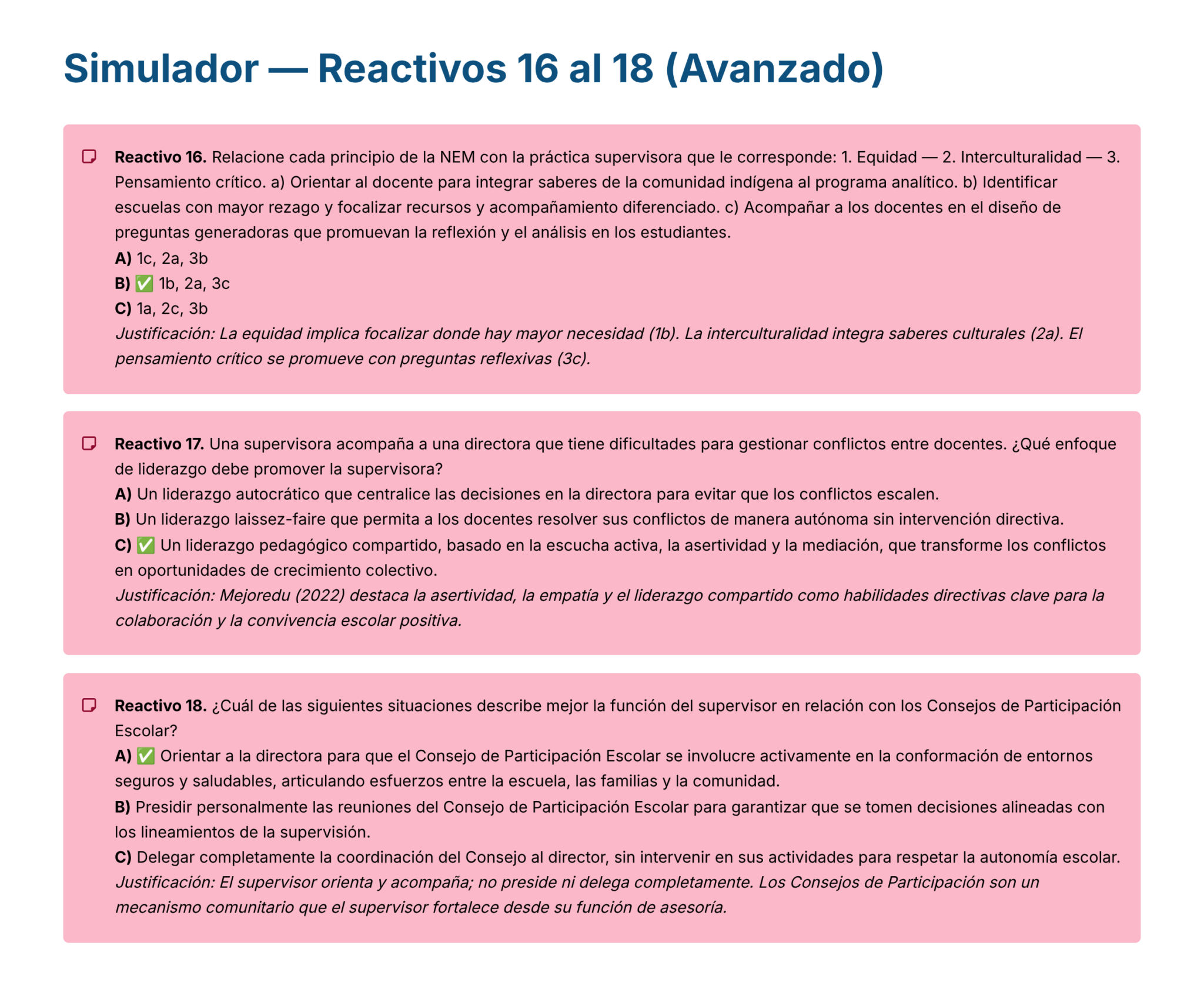 Guía de Estudio PROMOCIÓN HORIZONTAL SUPERVISIÓN – USICAMM 2026 – 2027 + (Simulador 90 Reactivos) 16 Un cuadro titulado "Simulador - Reactivos 16 al 18 (Avanzado)" que muestra tres cuadros de preguntas sobre temas de supervisión educativa, cada uno con posibles respuestas marcadas con A, B o C y justificaciones detalladas en español.